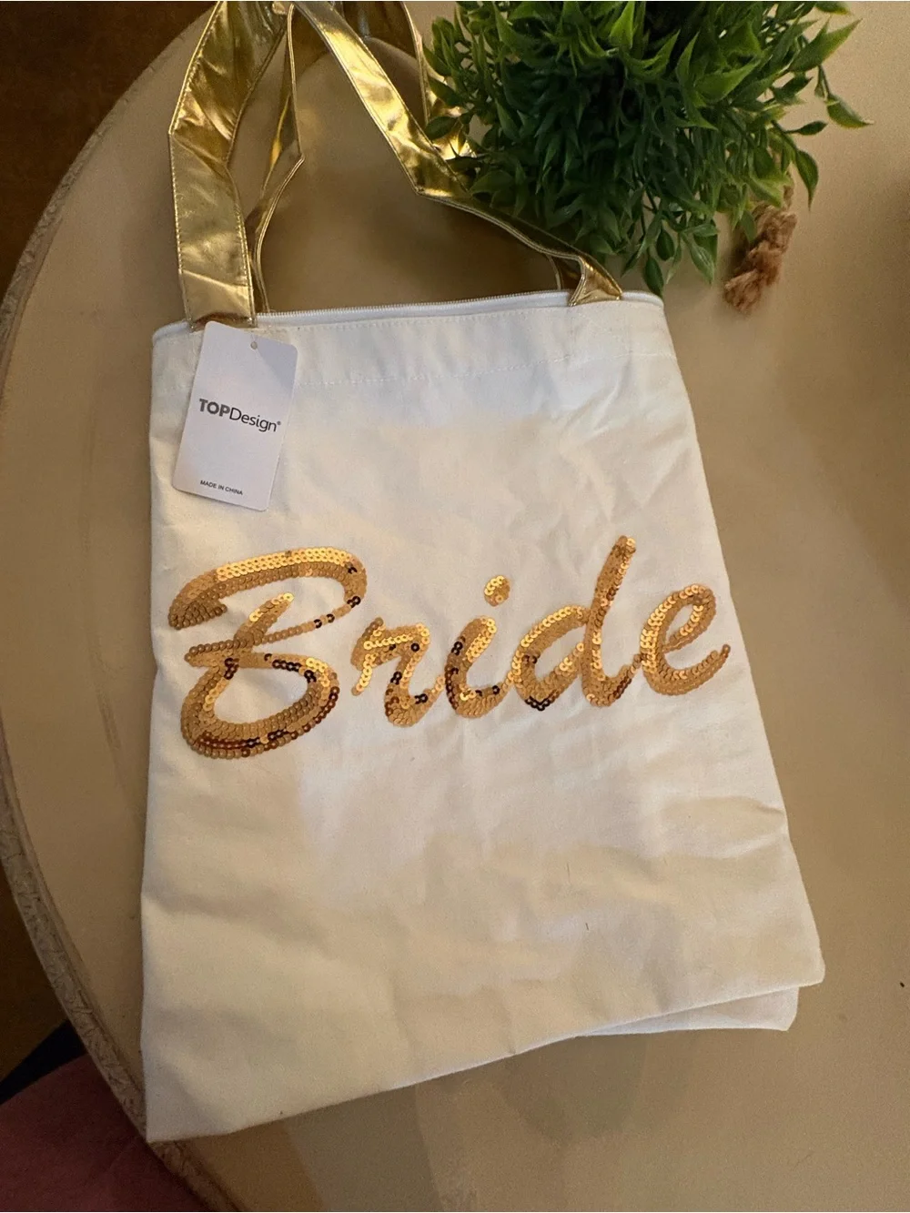 Bride Sequin Canvas Tote in White and Gold